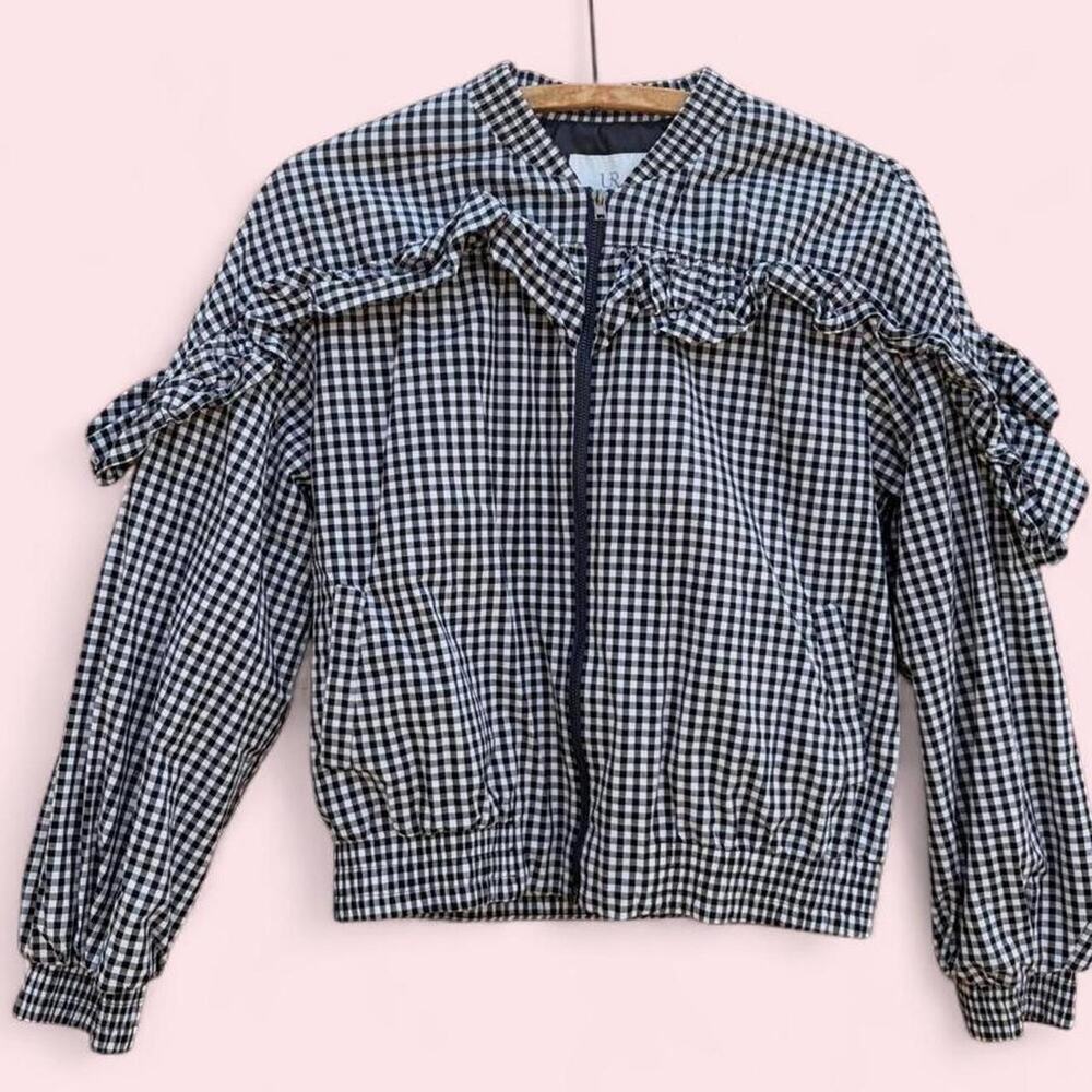 Gingham check ruffle bomber jacket
